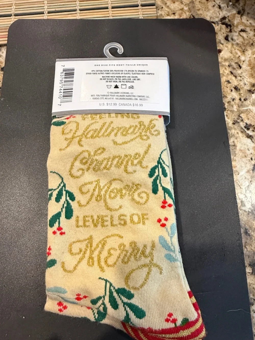 Hallmark cream‎ holiday socks with green and red accents